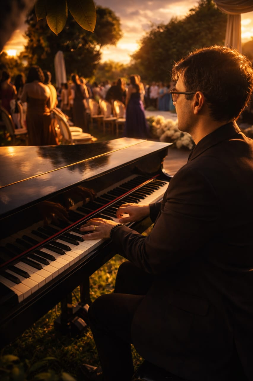 Foto do músico em apresentação ao piano de cauda